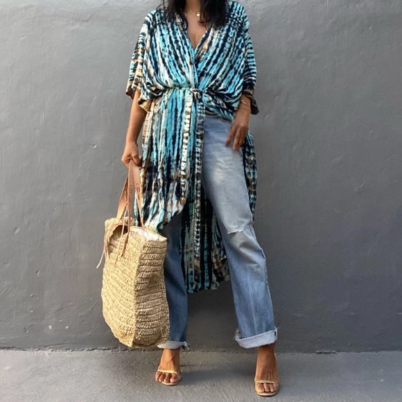 Tie Dye Boho Swim Coverup Kimono Wrap Casual Robe - Picture 5 of 10